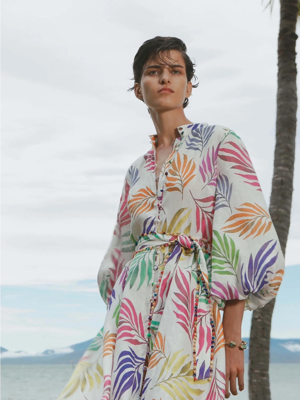 White Linen Maxi Dress with Multicolor Leaf Print AU10 US6
